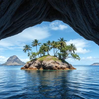 Primary subject: Palm tree island
Setting/background: Ocean
Visual style: Photo
Colors and mood: Blue and green, serene and peaceful